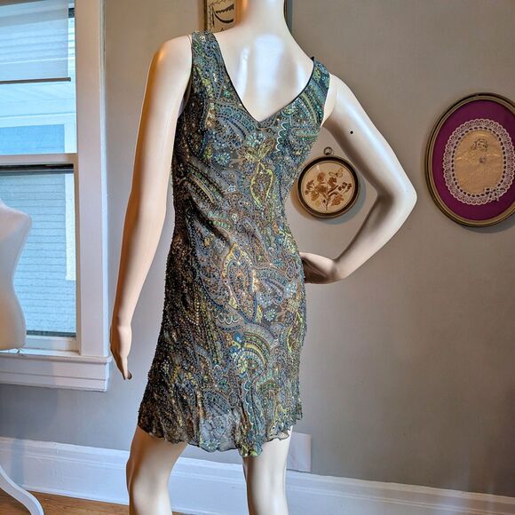 Vintage Y2K Georgiou Studios Silk Mini Dress Beaded Sequin Whimsigoth Party 2 - Picture 13 of 15